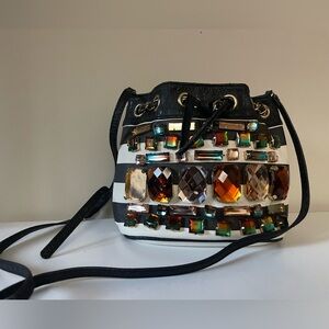 Y2K Aldo Black and White Crossbody Bucket Bag Jewel Accents Festival Stripes